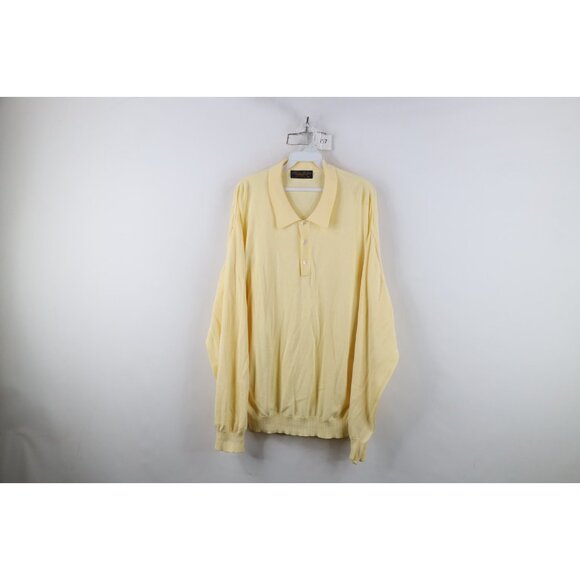 Vintage 70s 80s Brooks Brothers Mens XL Lightweight Knit Collared Sweater Yellow - Picture 1 of 12